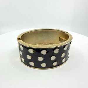 Black Enamel Heart Bangle Bracelet Gold Tone Hinged Romantic Coquette Statement